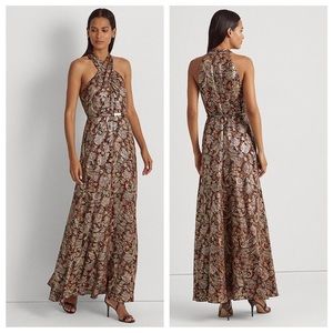 Lauren Ralph Lauren Halter Belted Paisley Metallic Jacquard Gown